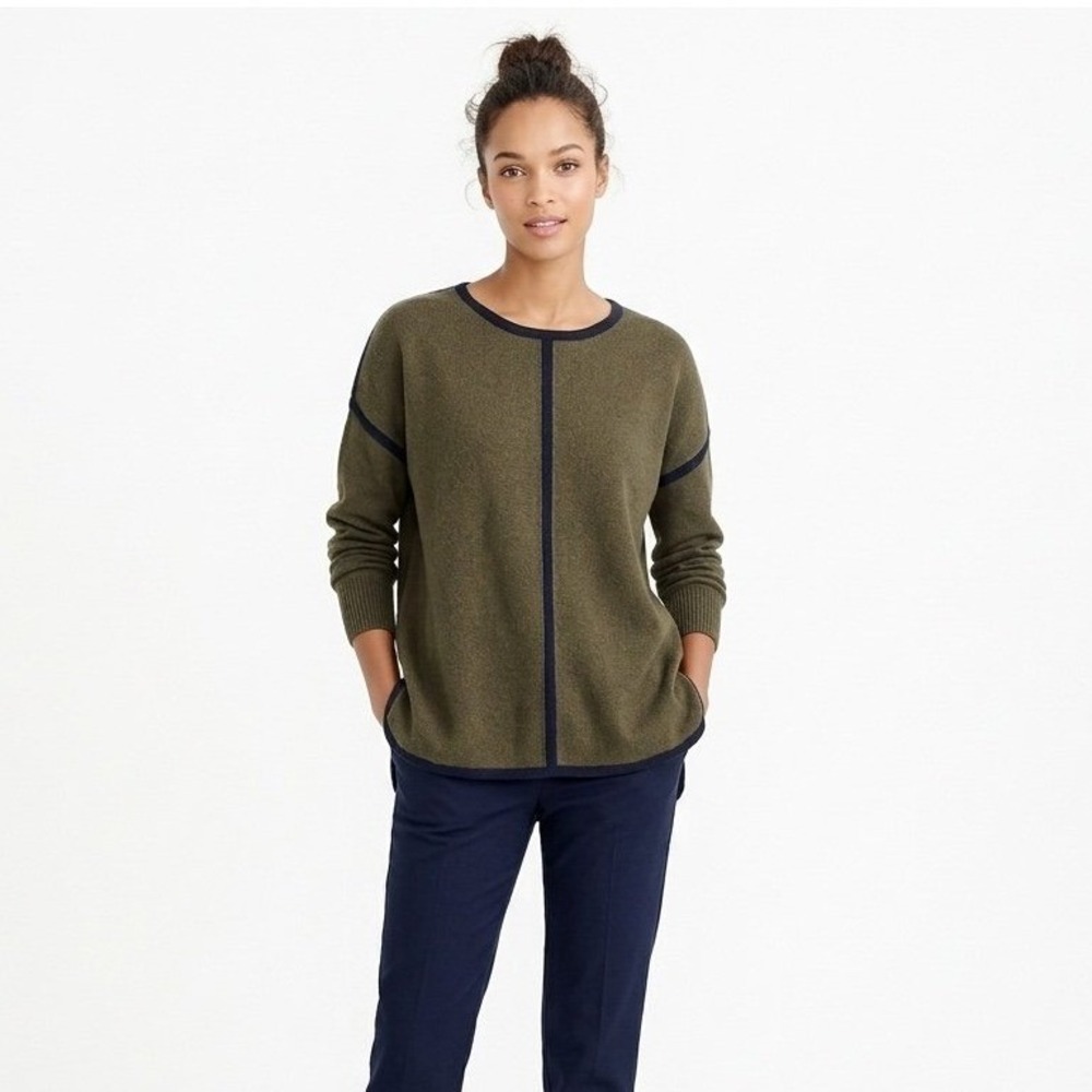 J. Crew 100% Wool Olive Crewneck Sweater with Navy Contrast Trim Women's Small